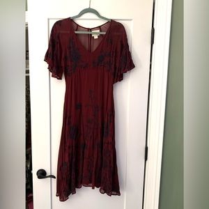 Midi Anthropologie (Maeve) maroon dress with embroidery